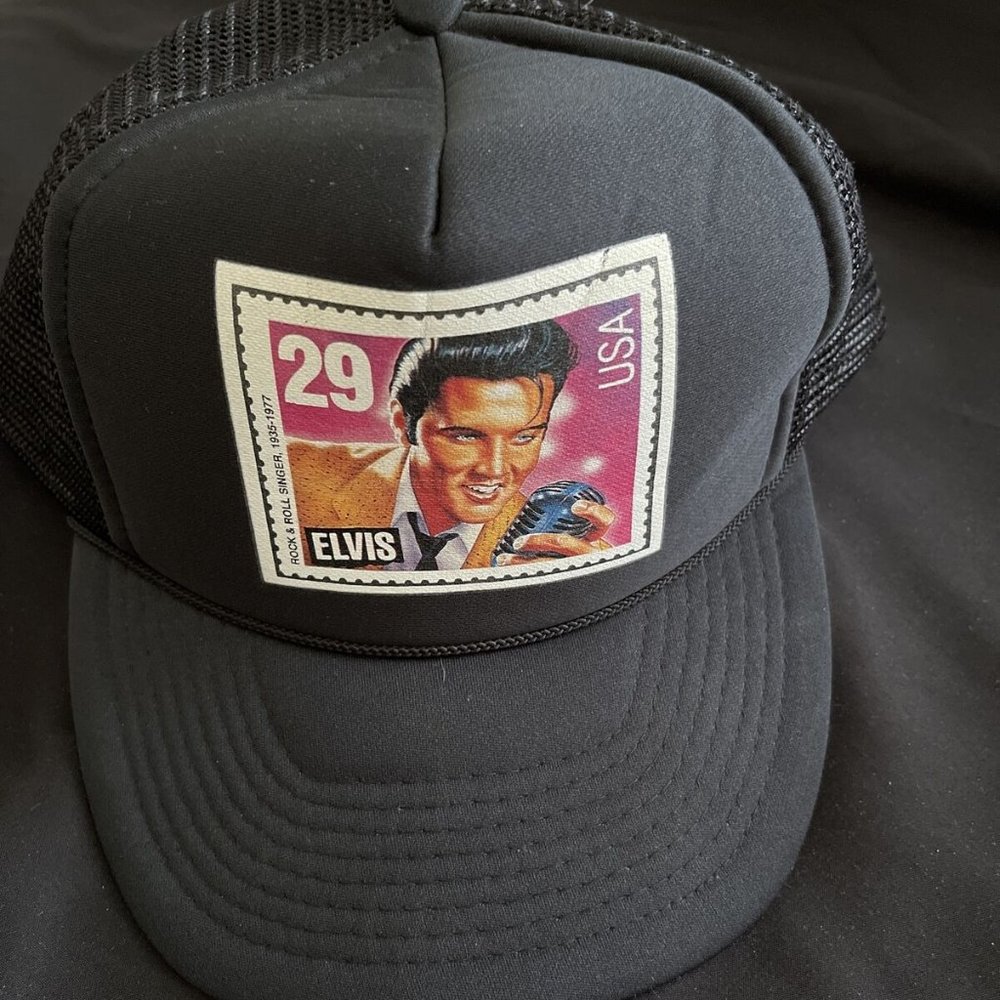 Black Trucker Hat with Vintage Stamp Patch